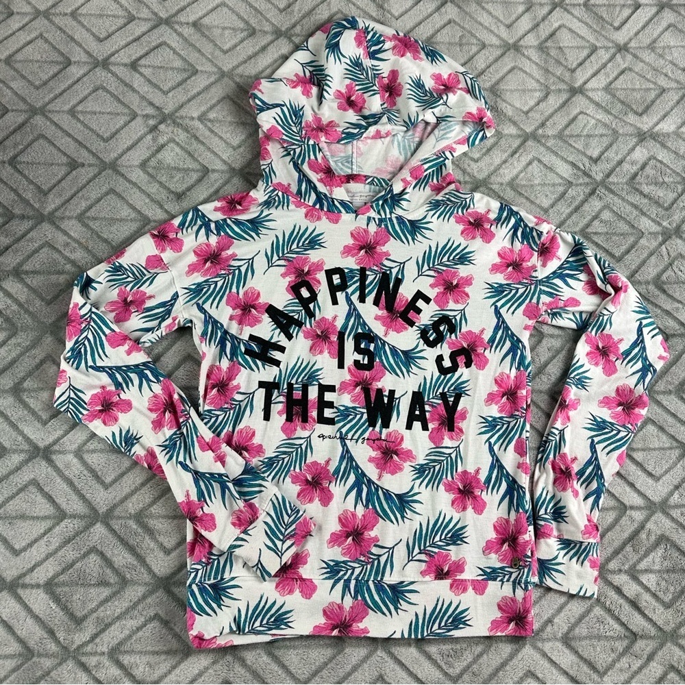 Spiritual Gangster Happiness Is The Way hoodie size XS with hibiscus flowers